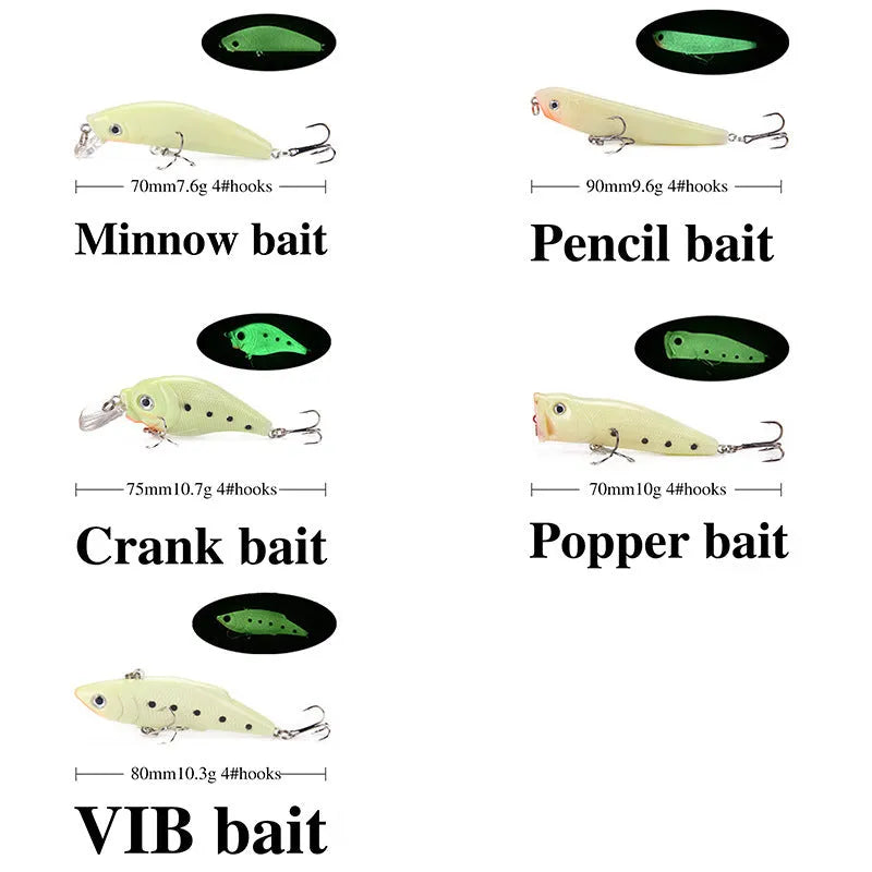 3D fluorescent simulation submerged luminous hard bait fishing lures five piece colour set
