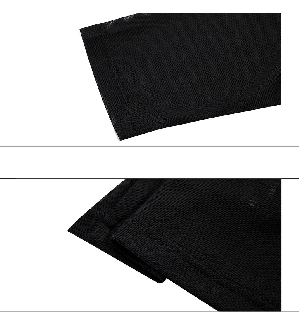Black slim fit men's shirt with ice-feeling mesh panels and long sleeves on a white background.