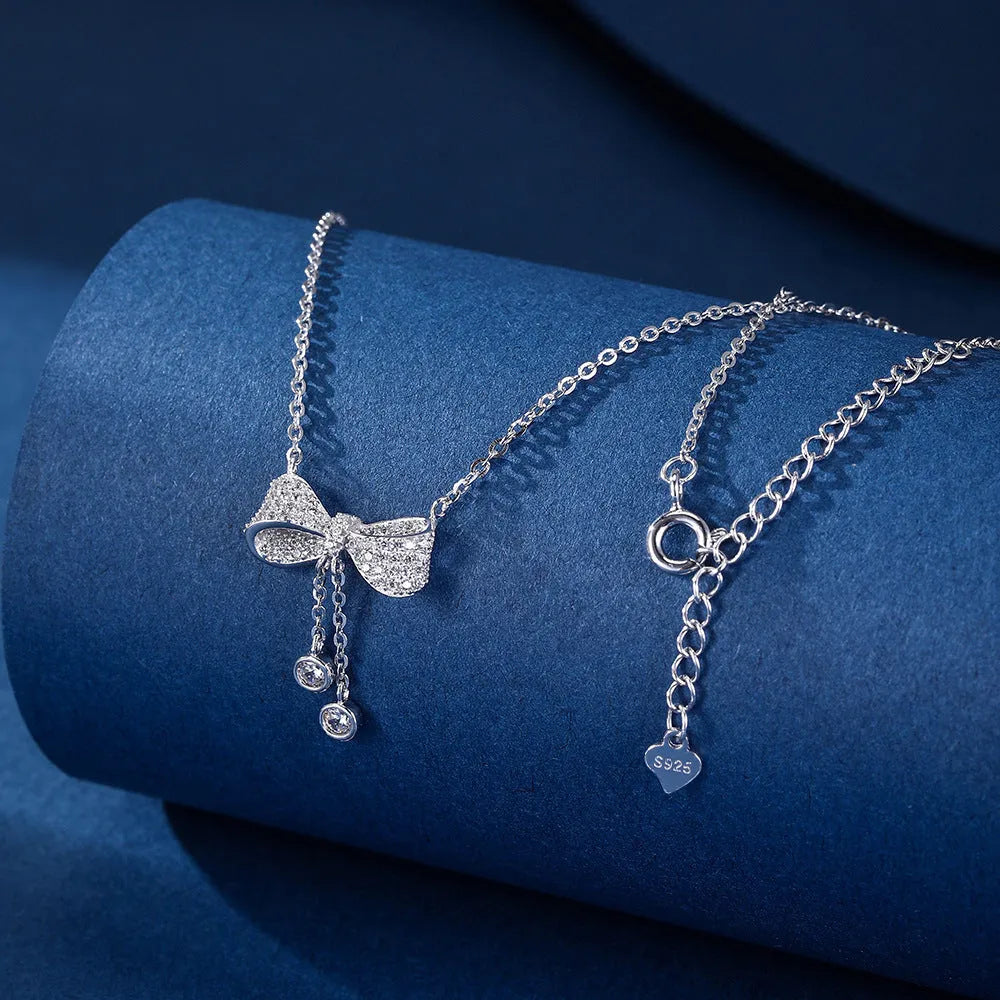 S925 sterling silver bow necklace with adjustable 40-45cm O-ring chain