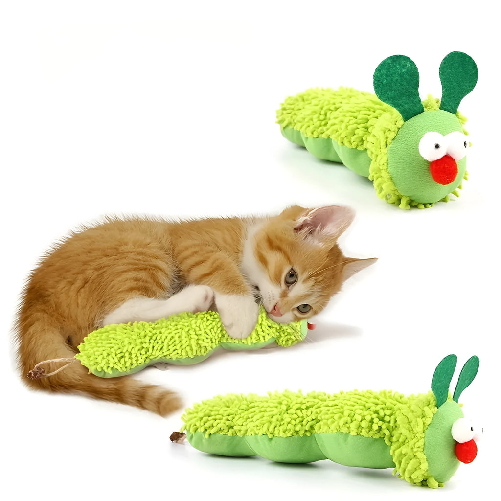 Green interactive plush cat toy pillow measuring 24cm long for feline play without batteries