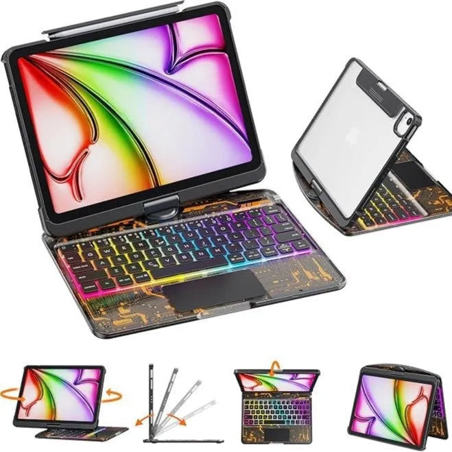 Transparent rotating keyboard case for iPad Air 5 tablet showing wireless keyboard and 360° magnetic stand