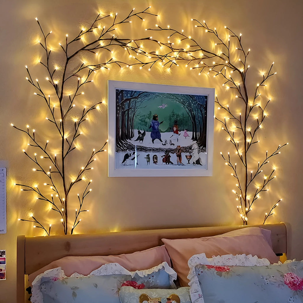 Flexible LED Christmas garland with vine branches and warm white lights for wall decoration