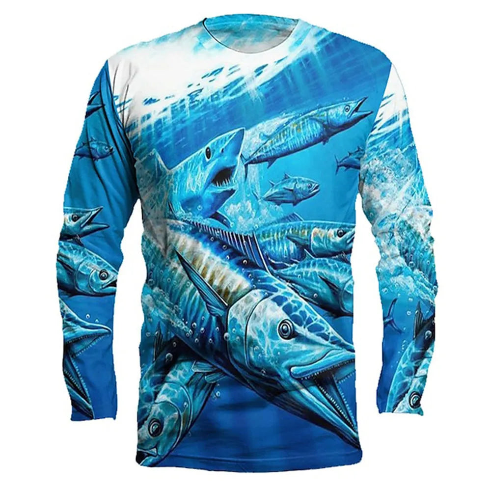 Men's grey long sleeve pullover top with an all-over colourful fish print design, round neck.