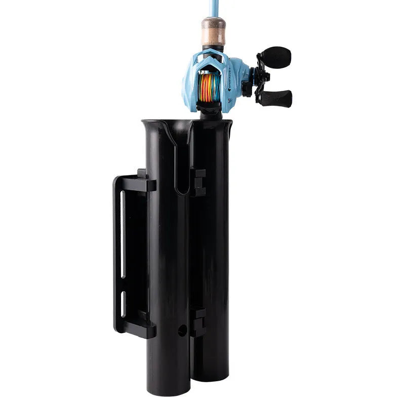Plastic fishing rod rack clamp mounted on bicycle frame with fishing rods secured