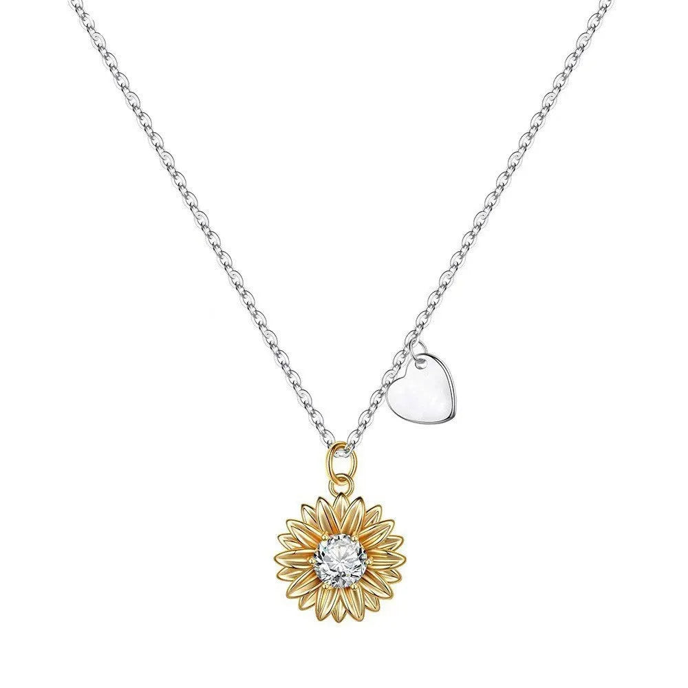 Women's sterling silver sunflower necklace with geometric daisy petals and adjustable 21-50 cm length