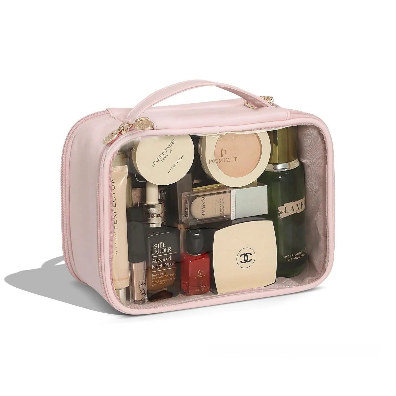 Leather transparent cosmetic bag showing interior compartments with waterproof PVC construction