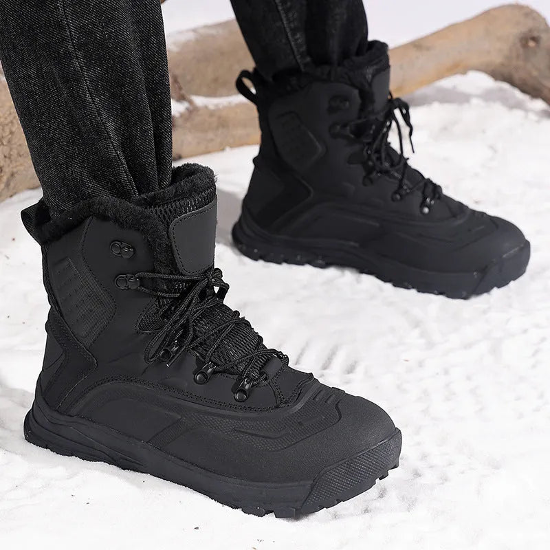 Men's black high-top boots with fleece lining and lace-up front closure