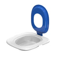 Fifth generation cat toilet trainer in blue, showing its new shape with raised back splash guard.