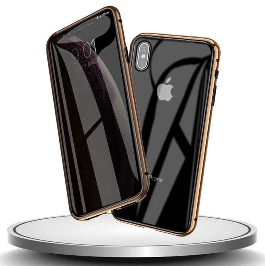 Glass anti-spy iPhone case with clamshell cover shown in black, silver, red, gold, green, and blue colour options.
