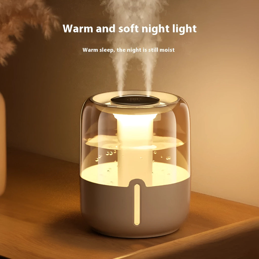 Beige round USB portable humidifier with digital display, dual spray nozzles, and night light on