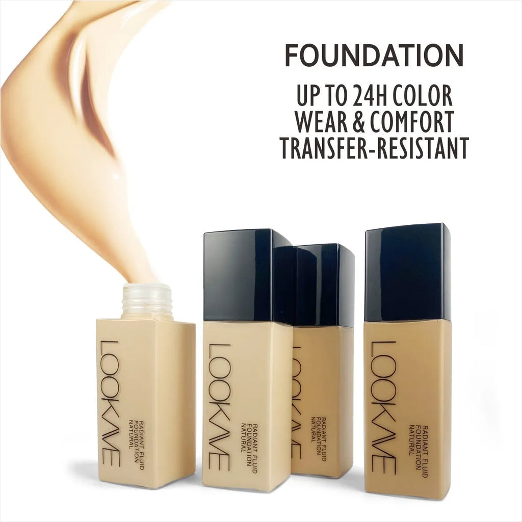 LOOKAVE Matte Liquid Foundation bottle in six shade options with waterproof and brightening properties