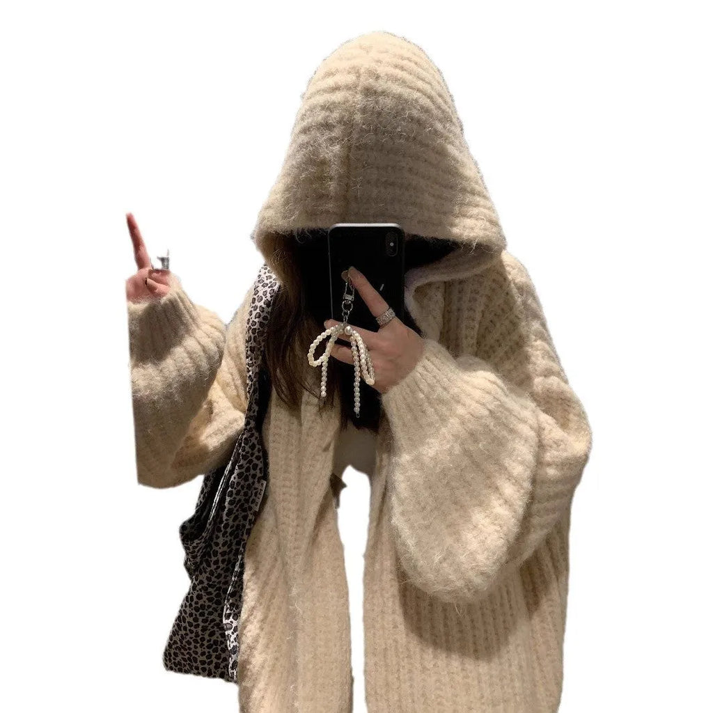 Women's retro Maillard style hooded cardigan in thick acrylic blend, shown in dark grey colour with loose fit