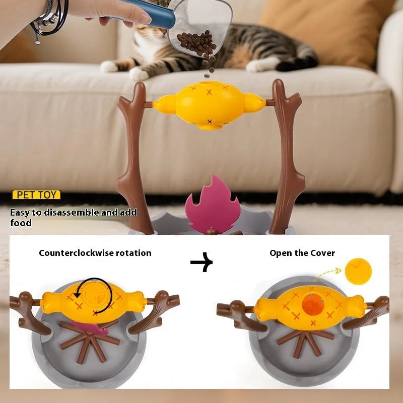 Barbecue-style tumbling cat treat feeder measuring 30x30x29cm with plastic construction