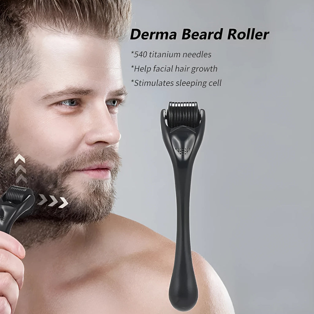 Black and purple derma rollers with 540 titanium microneedles, showing different needle length options from 0.2mm to 1.0mm