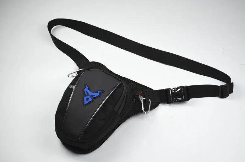 Motorcycle crossbody shoulder waist leg bag in 1200D Oxford cloth, shown in blue.