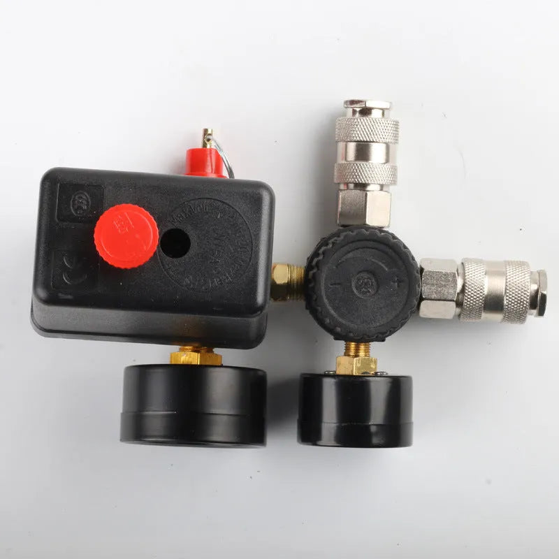 European-style air compressor pressure regulating valve with switch box showing electrical connections and pressure ports