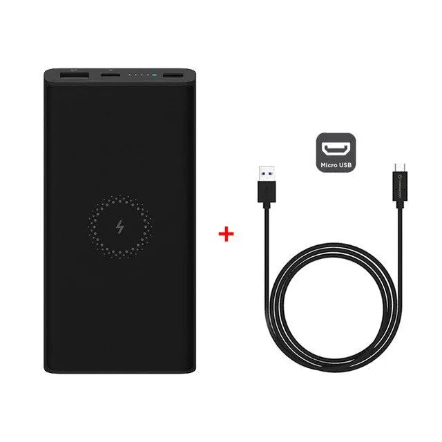 White or black 10000mAh polymer lithium ion power bank with fast charging and wireless output.