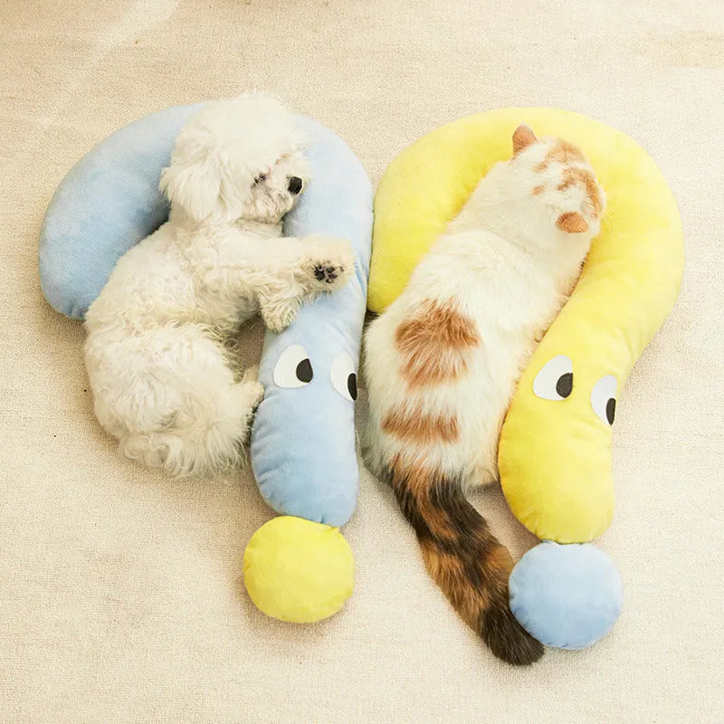 Blue rectangular cat and dog pillow cushion on a floor, dimensions 62 cm by 39 cm.