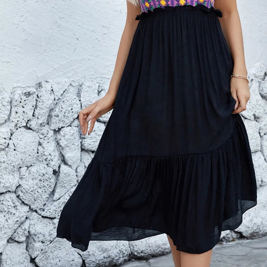 Purple sleeveless dress with hand-hook flower stitching detail on cotton blend fabric