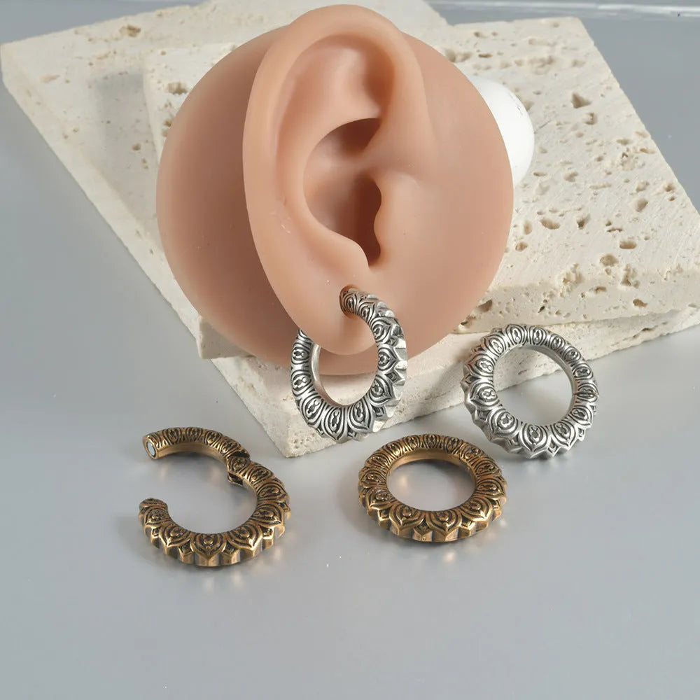 Large hollow-out alloy earrings with geometric dragon design in antique silver finish