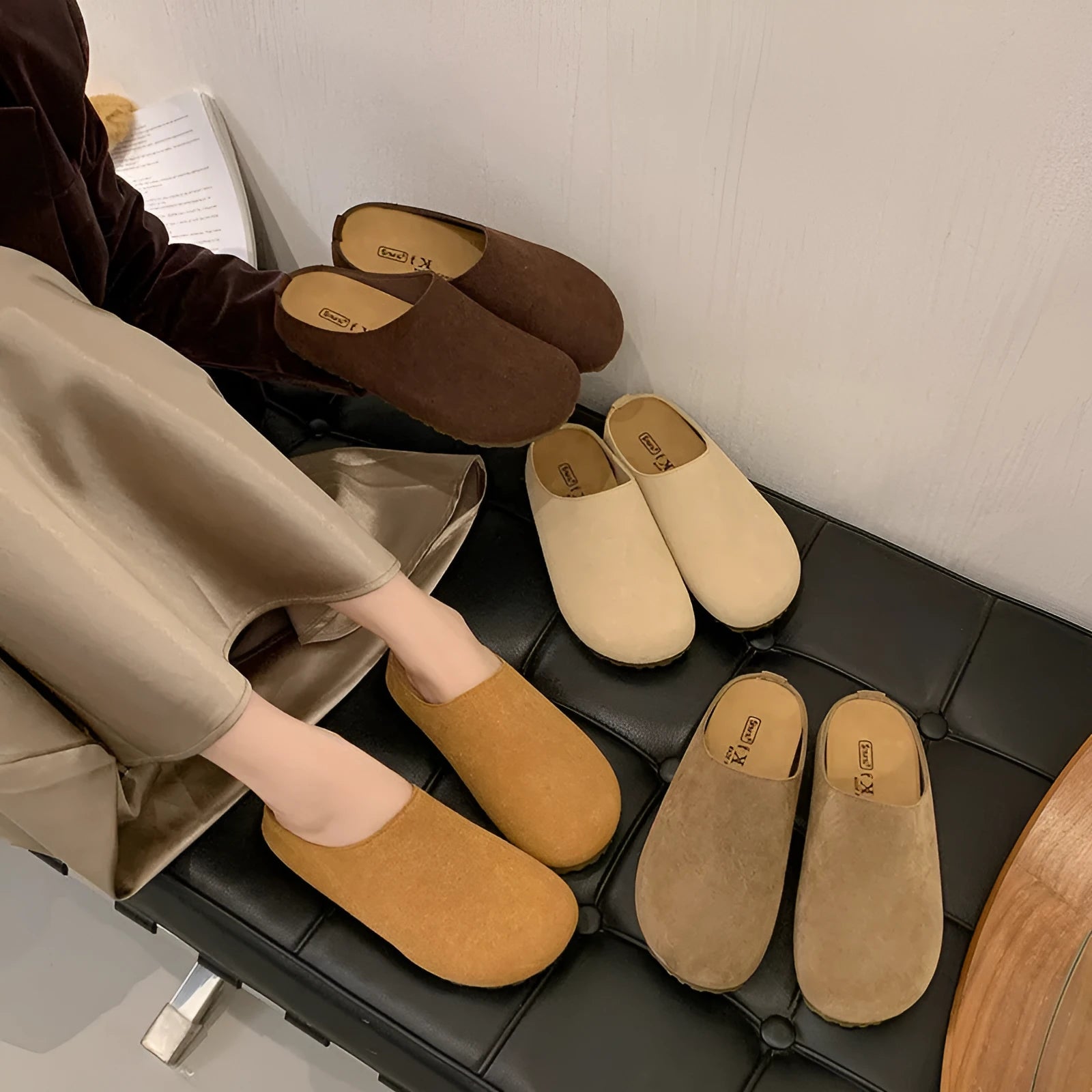Korean style square toe outdoor slippers in apricot colour with microfiber upper and PU sole
