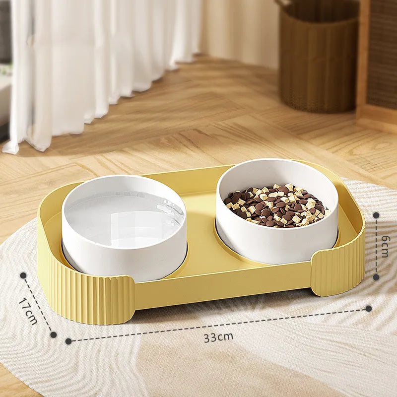 Ceramic elevated cat bowls with tilted stand and non-slip base in green, white or yellow