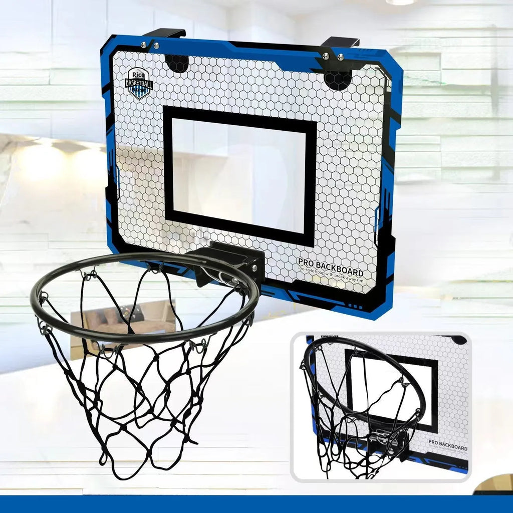 Red and blue folding basketball frame with suction cup and hook on a white wall.