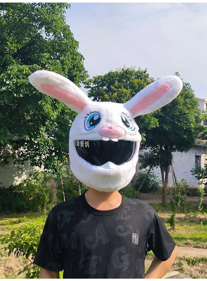 White rabbit head decorative cover for electric motorcycle helmet with plush lining