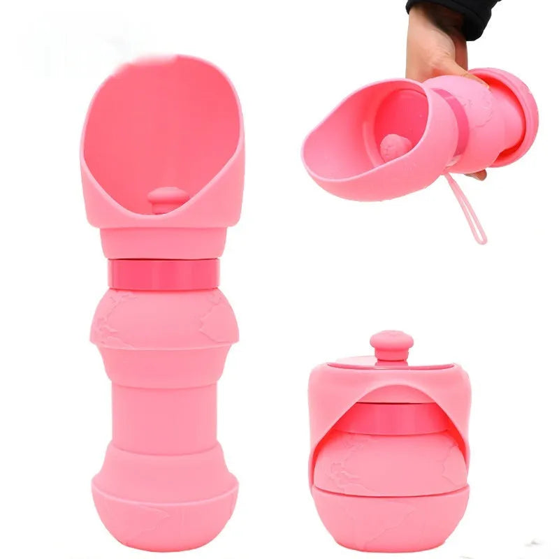 Silicone folding pet water cup shown unfolded and collapsed, in colours including black, mint green, and green pineapple pattern.