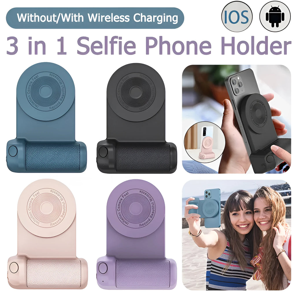 Black multifunctional magnetic phone camera holder with ergonomic PU leather grip on a table.