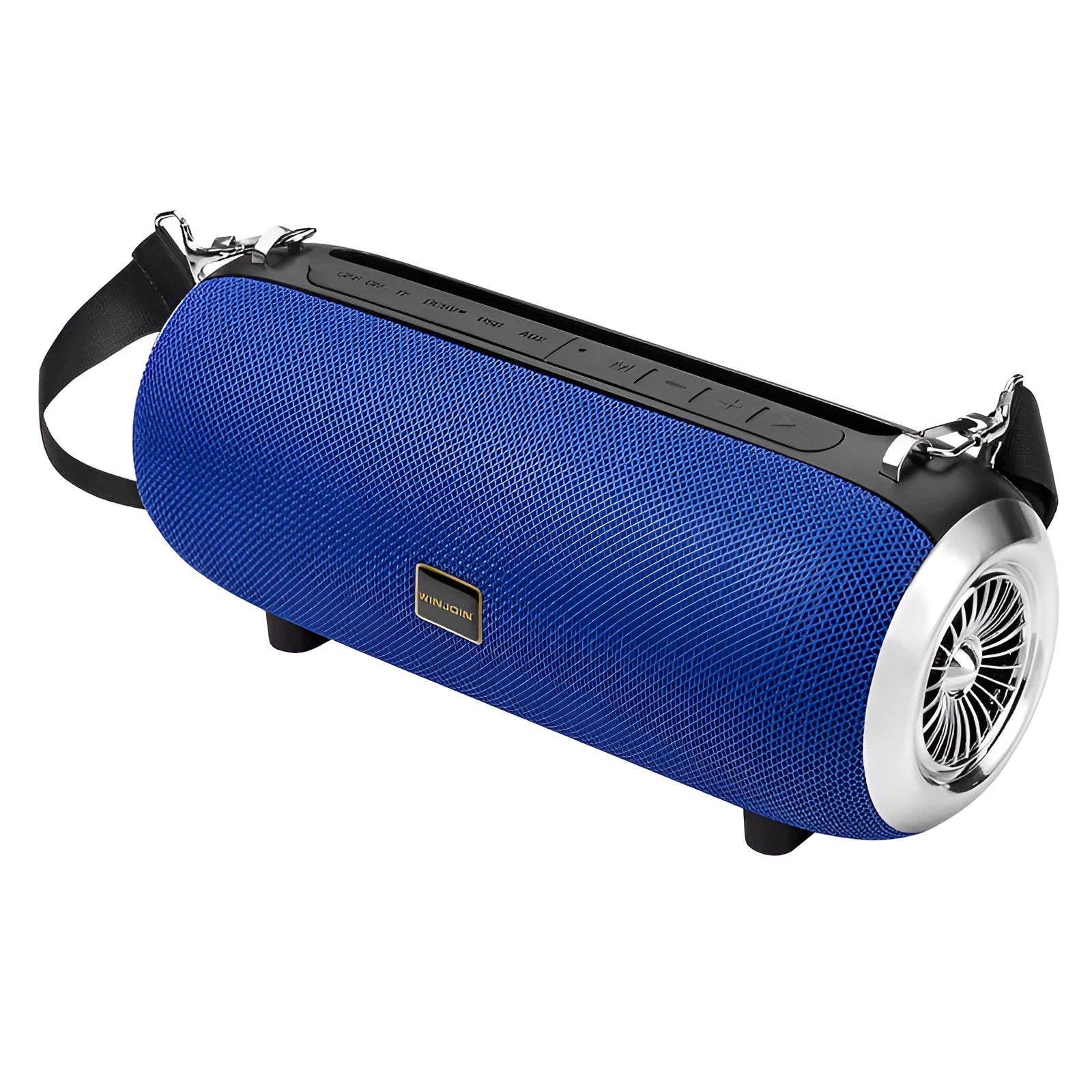 F666 portable mini Bluetooth speaker in fabric casing with shoulder strap, showing colour options.