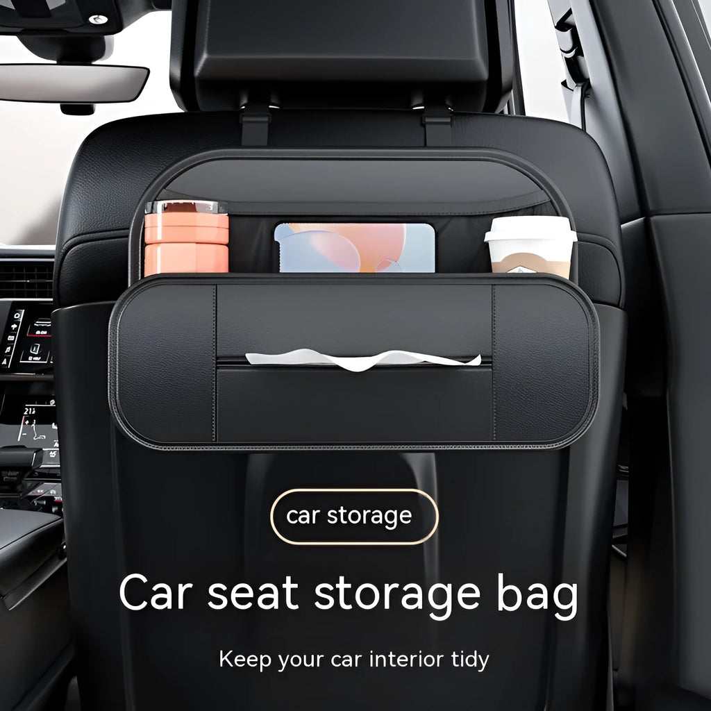 Black leather car seat back storage bag with mesh pockets for phones and bottles.