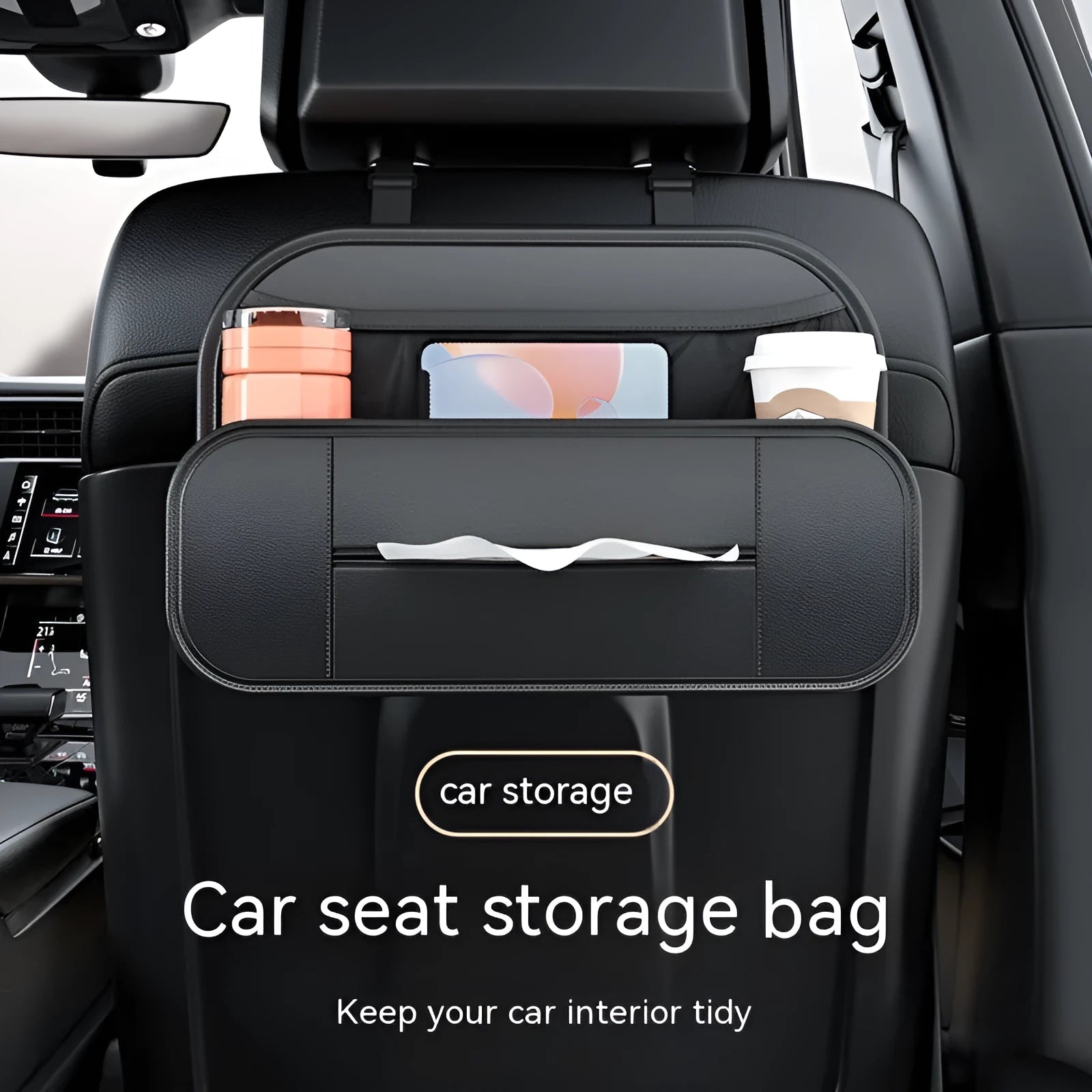 Black leather car seat back storage bag with mesh pockets for phones and bottles.