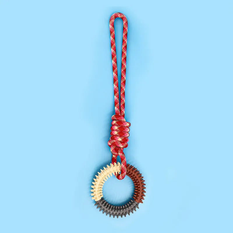 Blue braided rope dog toy with multiple knots, shown on a white background.