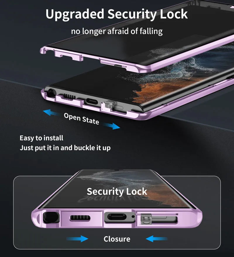 Samsung S24 Ultra phone case with mirror and magnetic metal construction in black, blue, gold, green, purple, red, and silver.