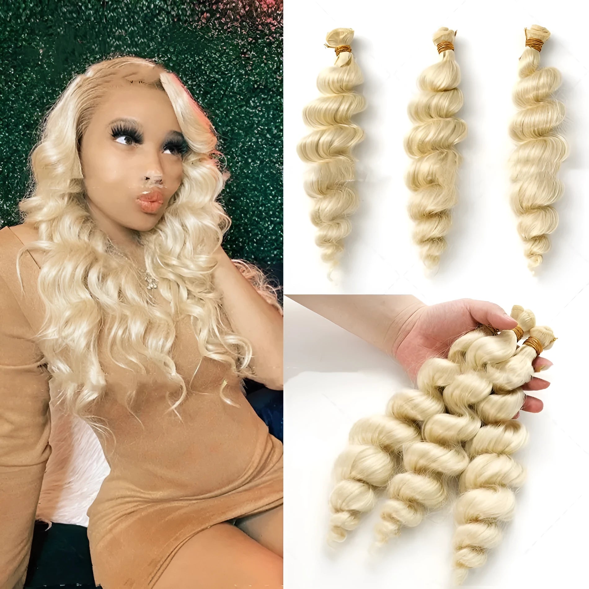 Golden synthetic hair weft wig showing long, straight strands in a golden yellow colour.