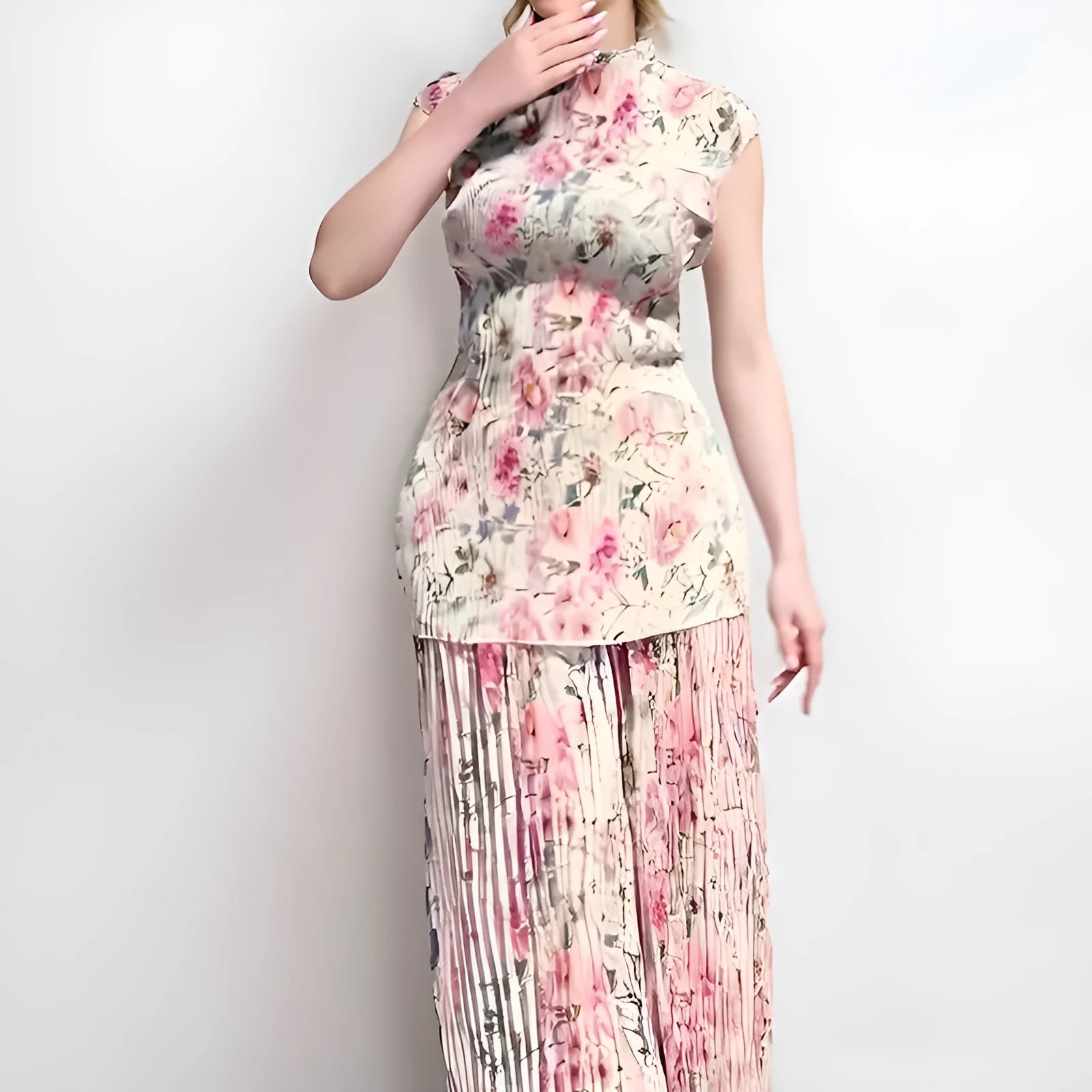 Long sleeve printed high-waist chiffon dress set with matching top and skirt on a model.