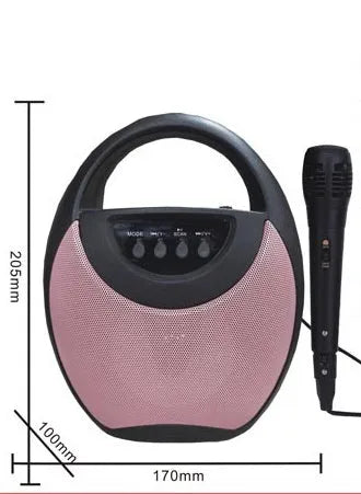 Portable Bluetooth speaker in black, blue, or pink colours showing USB port and SD card slot