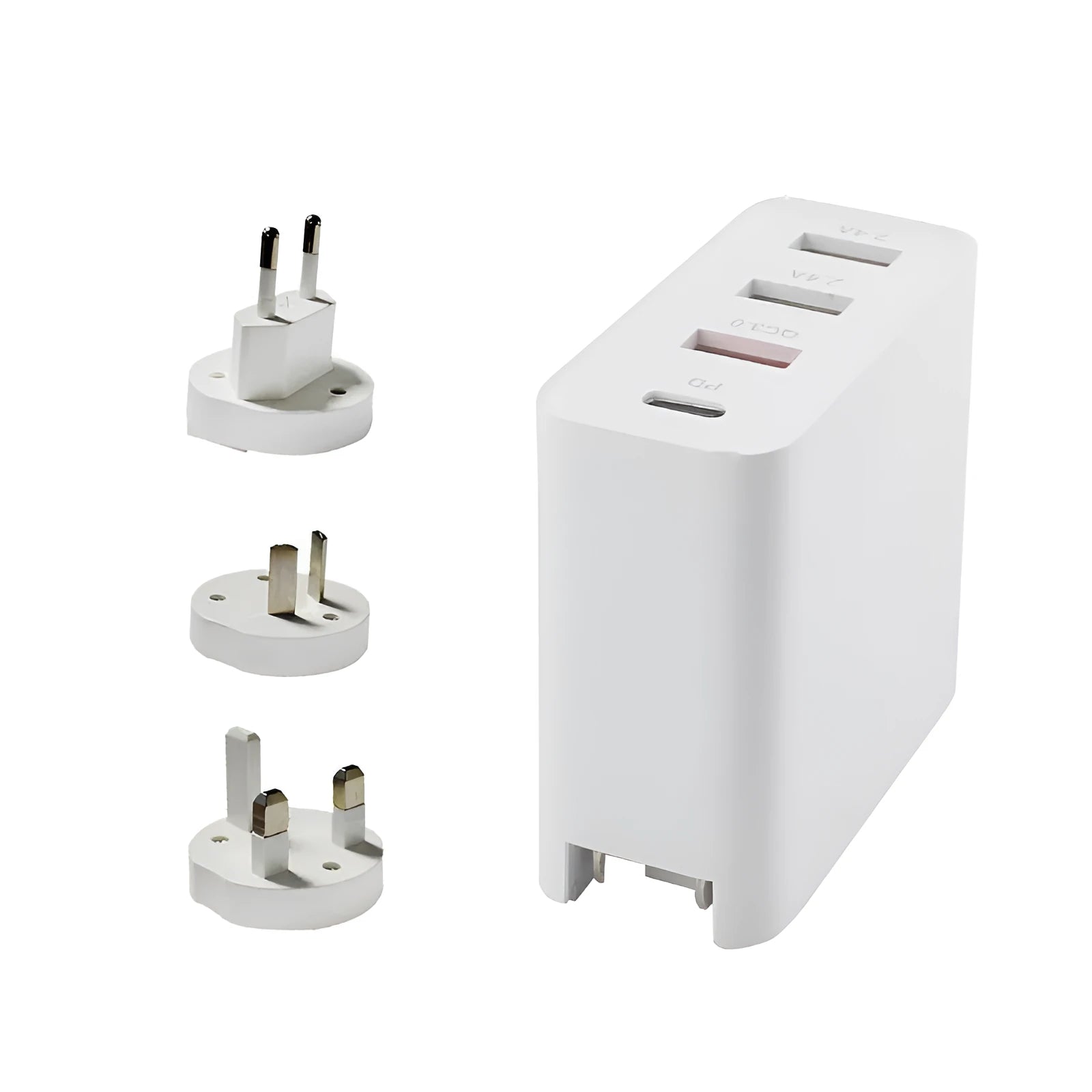 Black and white 48W four-port USB-C charger with UK, US, EU, and AU plug adapters