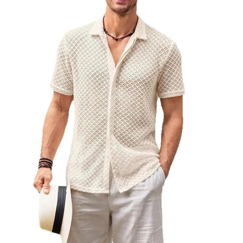 Man wearing a beige short sleeve lapel cardigan shirt on a beach