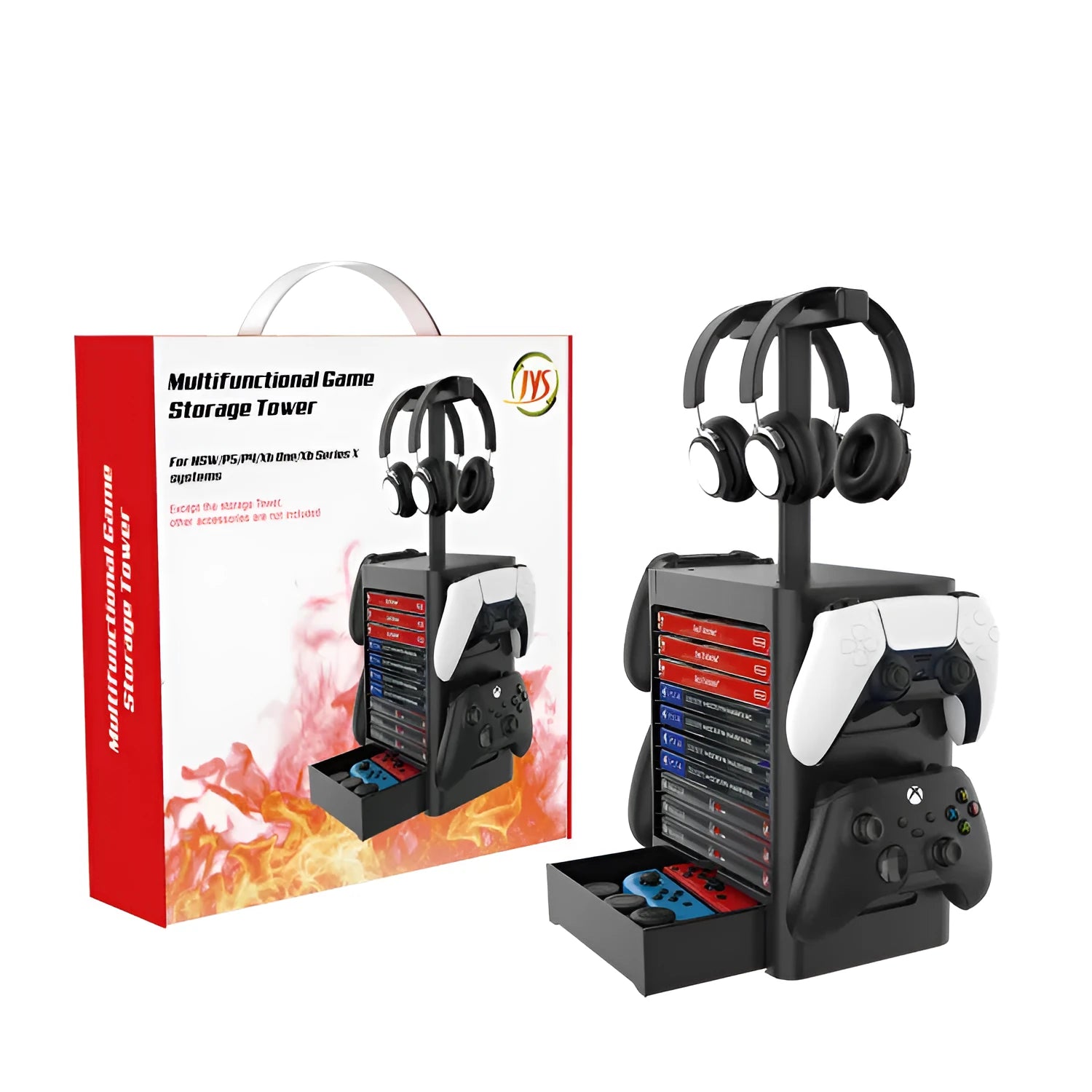 Black ABS gaming CD storage rack with headphone top, side hooks, and a pull-out drawer for accessories.