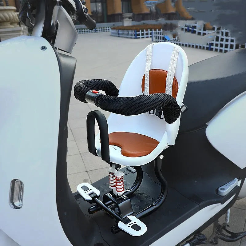 Front baby battery scooter safety seat with high carbon steel frame in black, red or white options