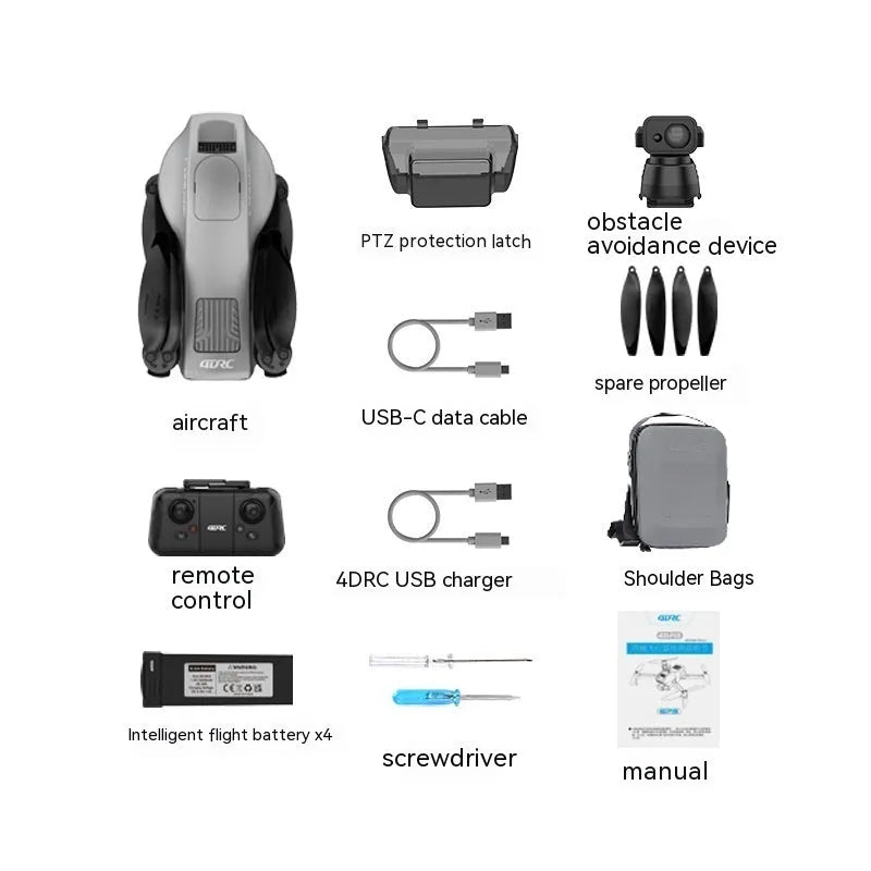 White folding quadcopter drone with camera and propeller guards, shown alongside remote control and shoulder bag.