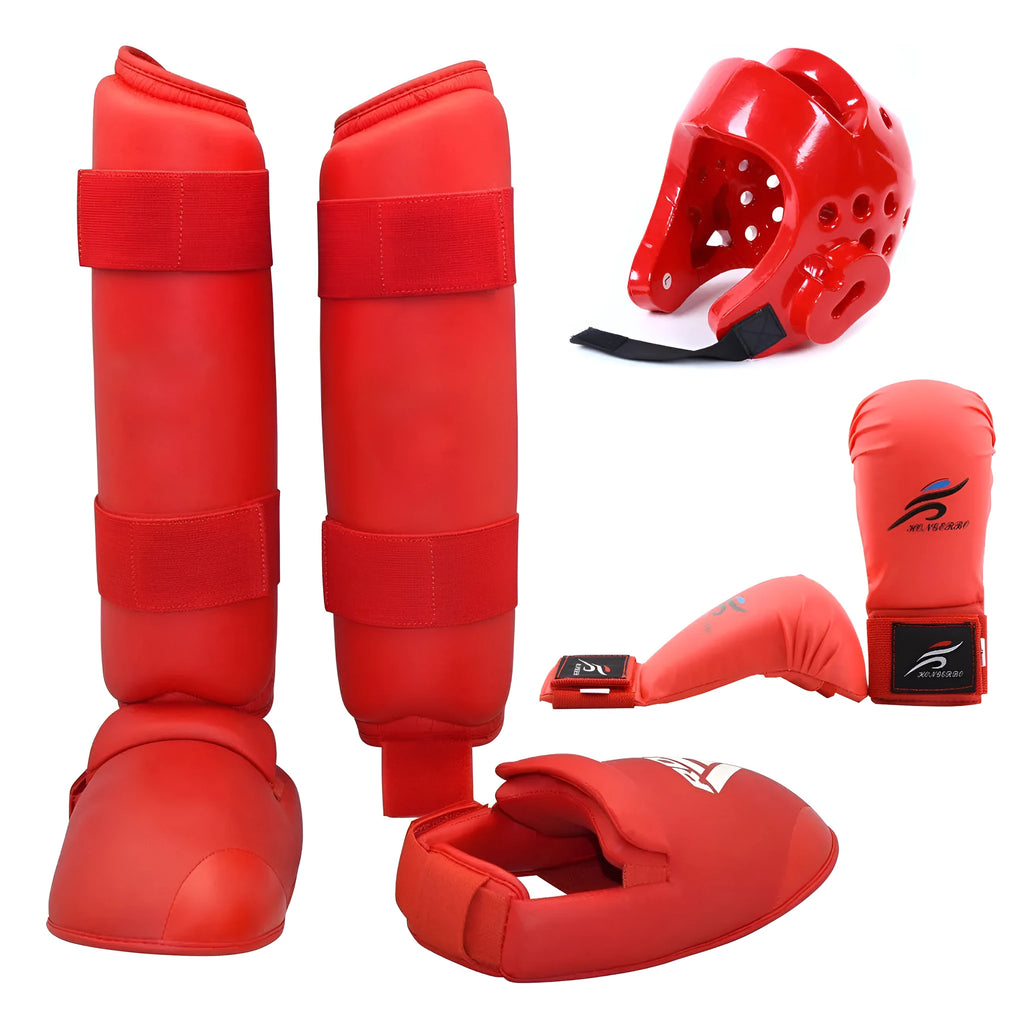 Red and blue martial arts protective gear set showing leg guards, helmet and boxing gloves for karate taekwondo training