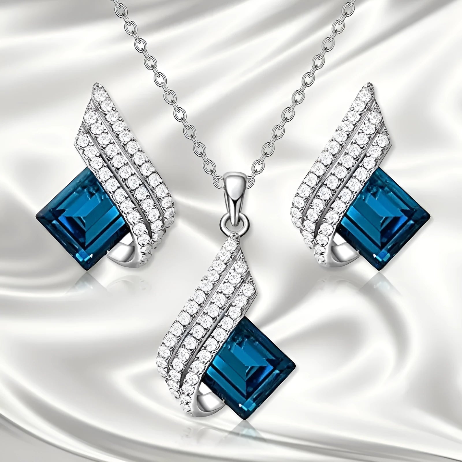 Women's alloy necklace and earring set with glass pendant featuring cross chain design
