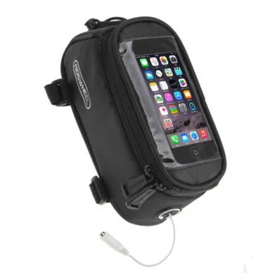 Bicycle frame bag phone holder in black with iPhone inside mounted on bike frame
