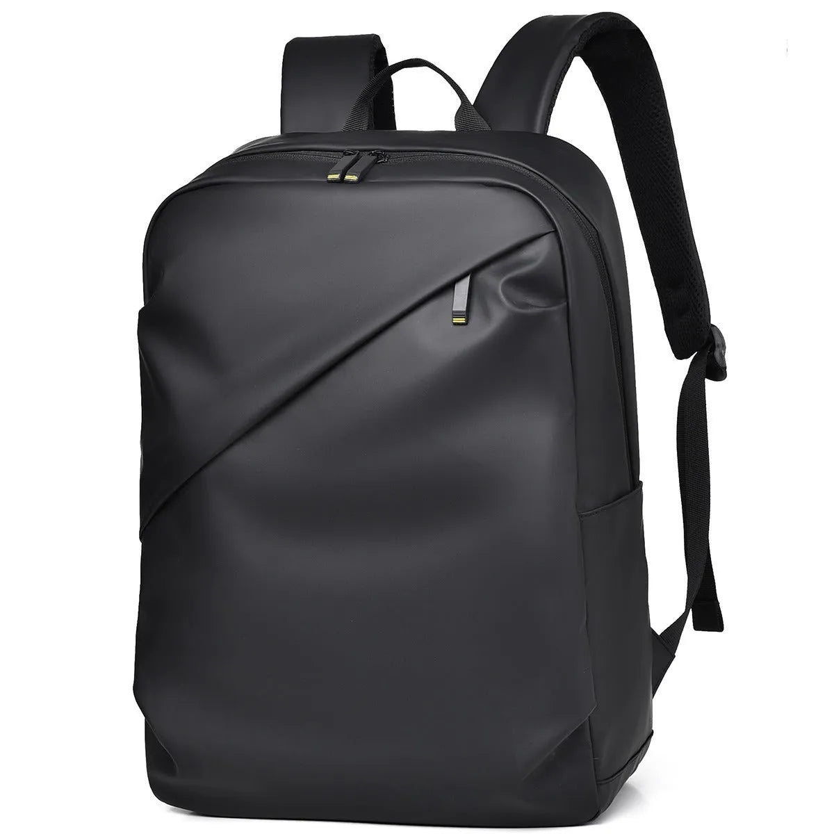 Large black waterproof PU leather backpack with sewing thread detail, shown from a side angle.