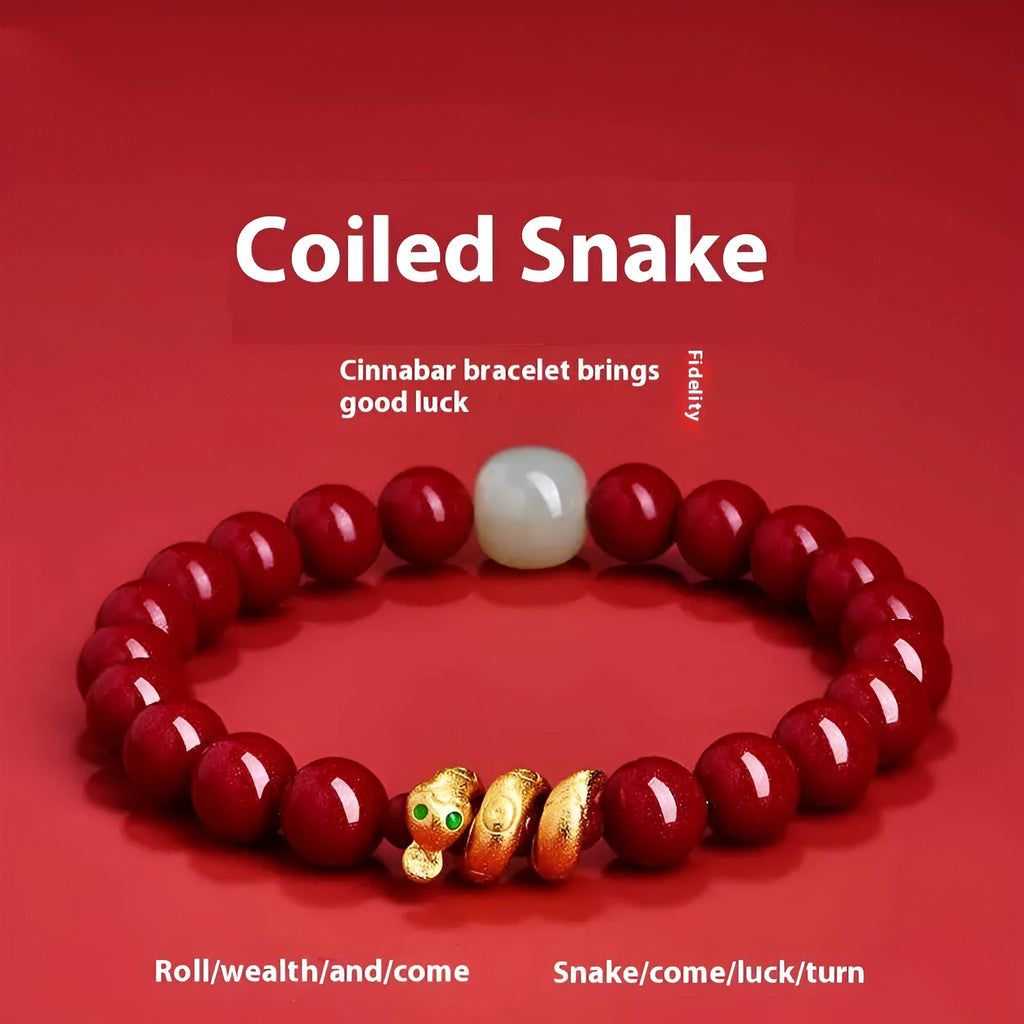 Handmade cinnabar snake zodiac bracelet with Chinese styling in 6mm or 8mm bead sizes