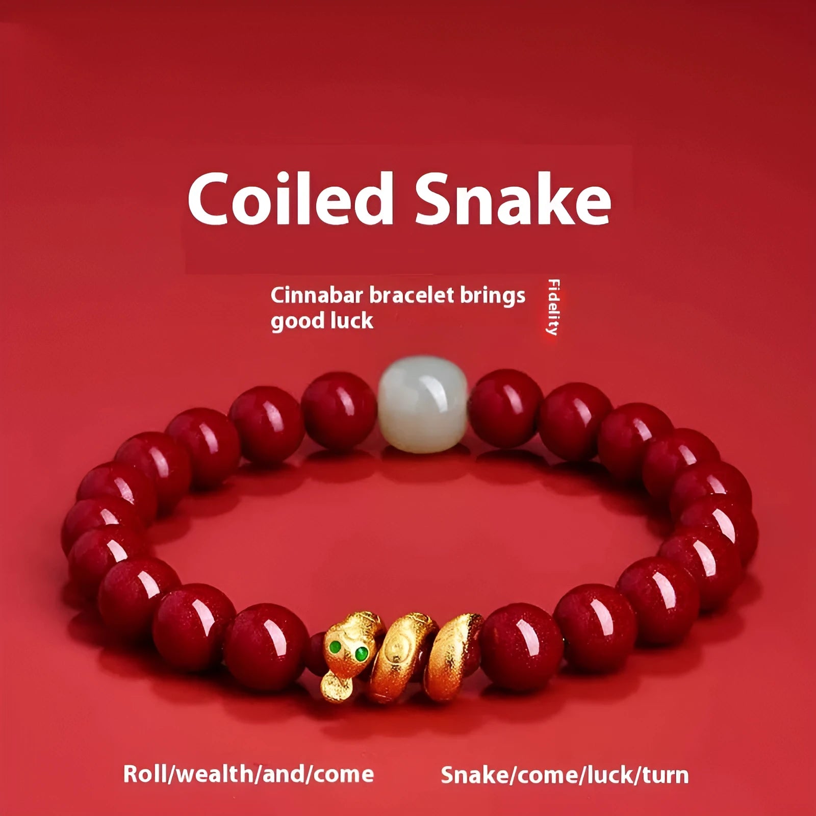 Handmade cinnabar snake zodiac bracelet with Chinese styling in 6mm or 8mm bead sizes