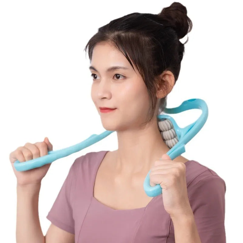 Blue plastic six-wheel massage roller for shoulders, neck and waist